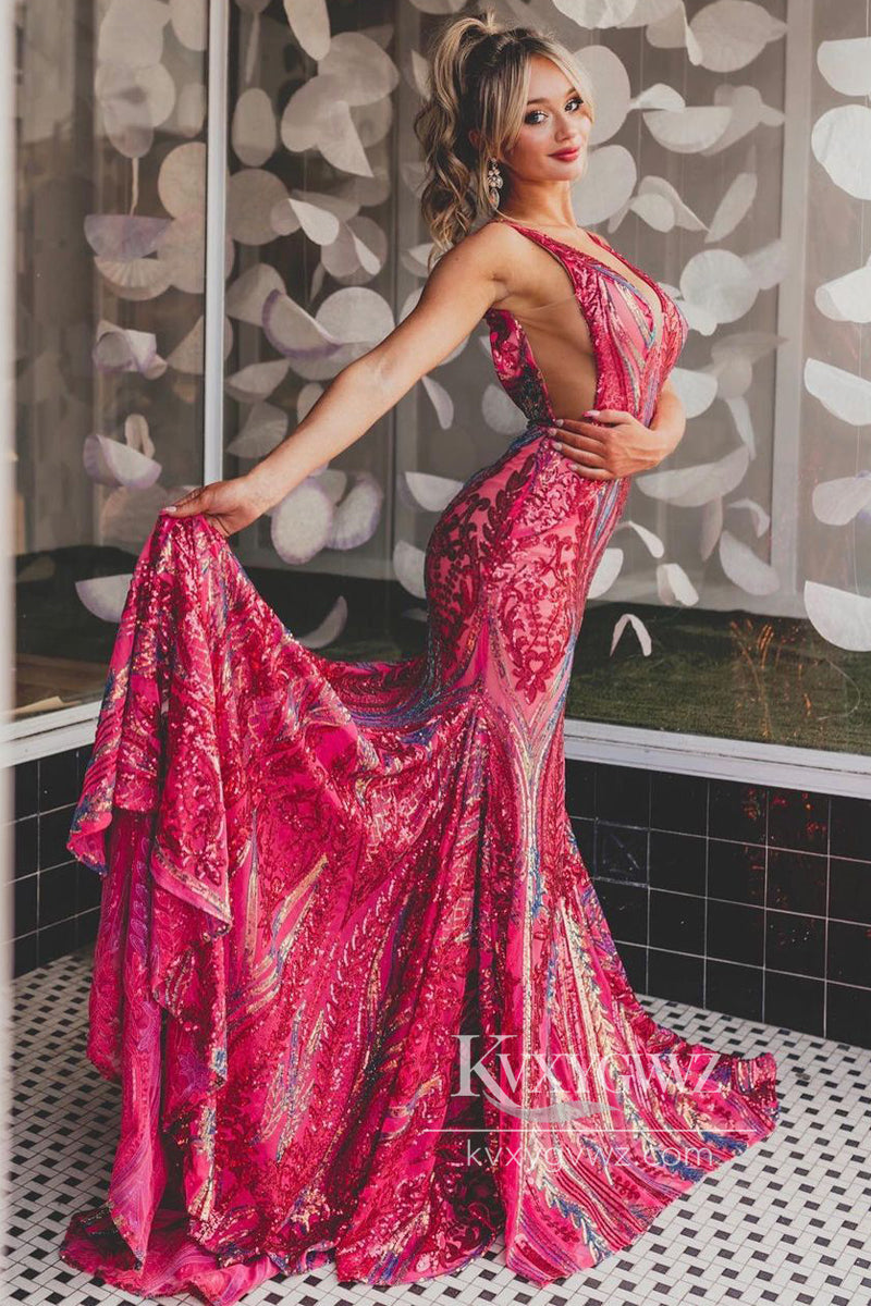 Mermaid Sexy V Neck Evening Gown Fuchsia Sequins Long Prom Dress LF810