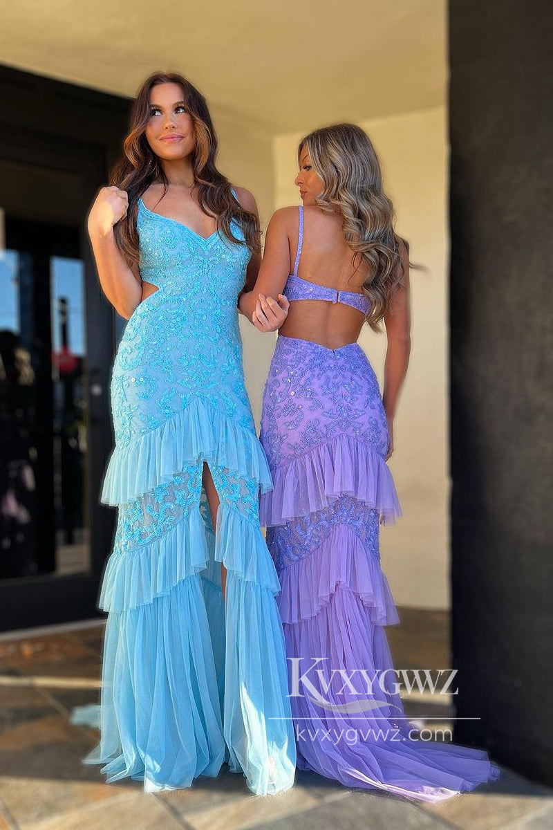 Light Blue Sequin Evening Gown Lace V Neck Mermaid Long Prom Dress with Slit LF812