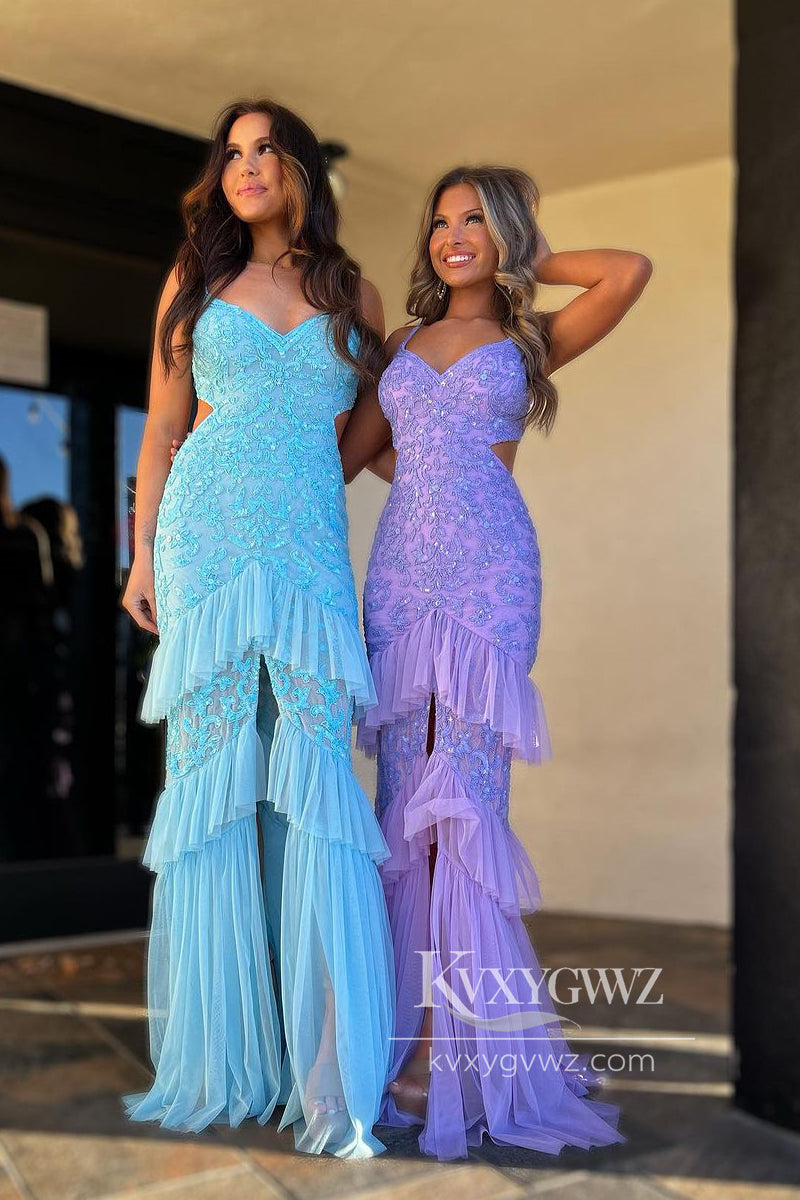 Light Blue Sequin Evening Gown Lace V Neck Mermaid Long Prom Dress with Slit LF812
