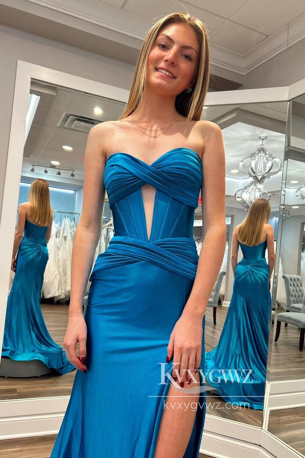 Stunning Mermaid Sweetheart Evening Gown Royal Blue Satin Prom Dress with Slit LF813