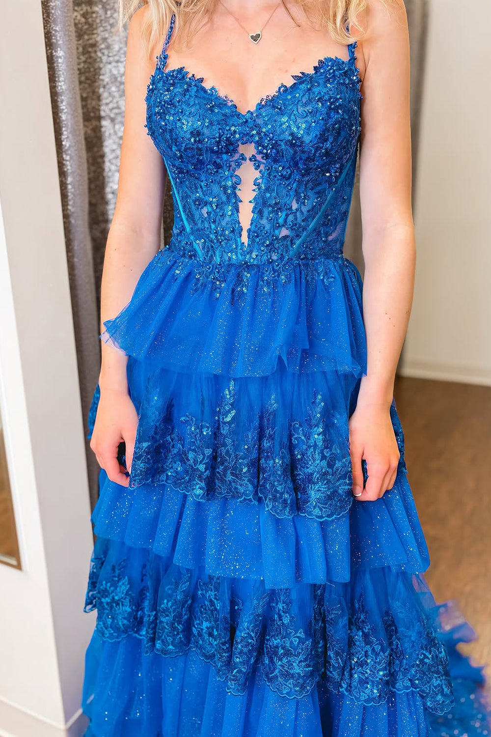 A-Line Sweetheart Royal Blue Ruffle Tiered Long Prom Dress Gown with Appliques LF1322