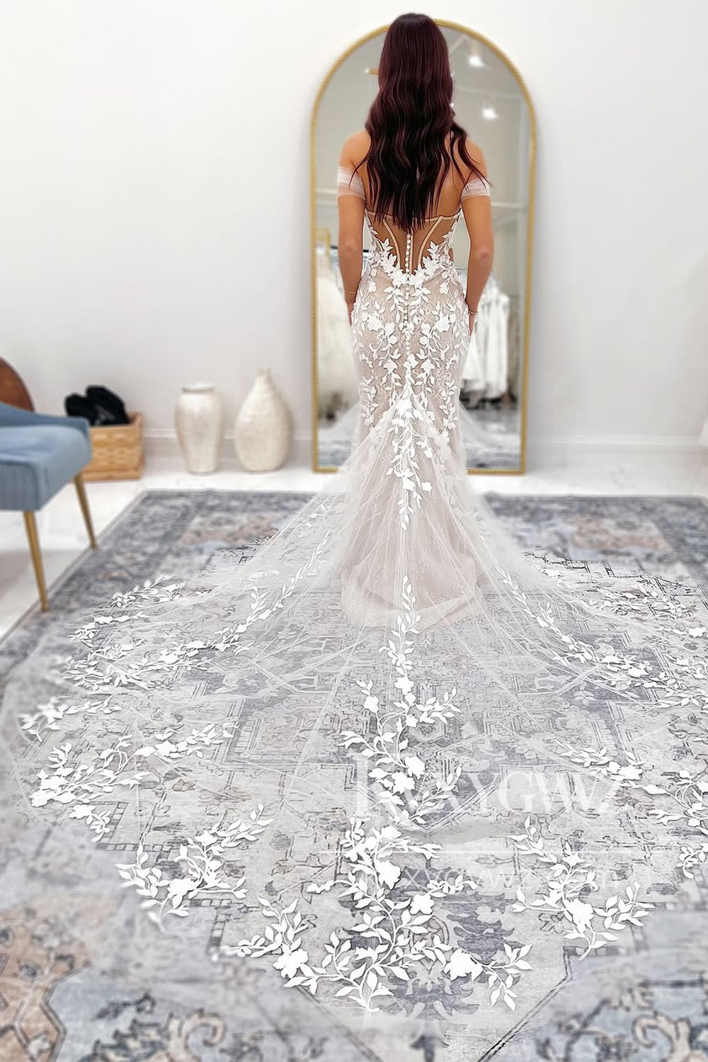 Mermaid Off the Shoulder Ivory Tulle Lace Wedding Dresses Gown With Sweep Train HS814