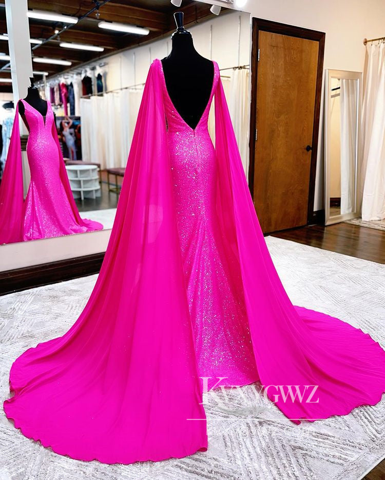 Deep V-neck Hot Pink Mermaid Evening Gown Conspicuous Sequins Prom Dress LF814