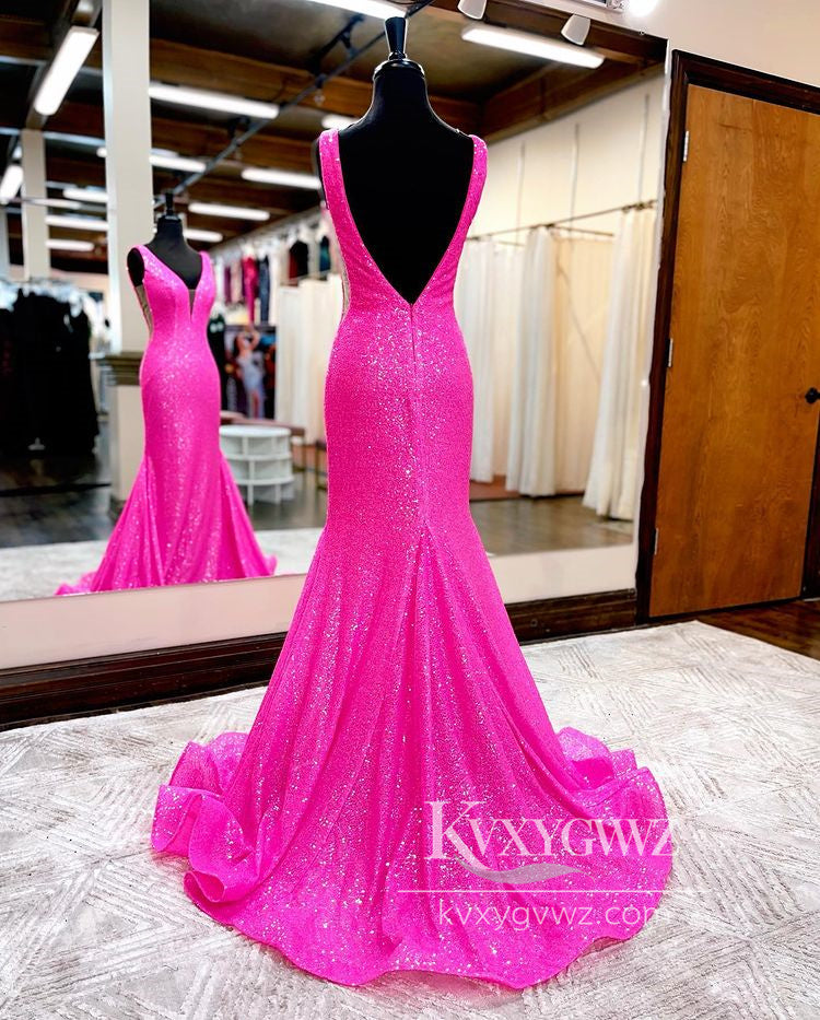 Deep V-neck Hot Pink Mermaid Evening Gown Conspicuous Sequins Prom Dress LF814
