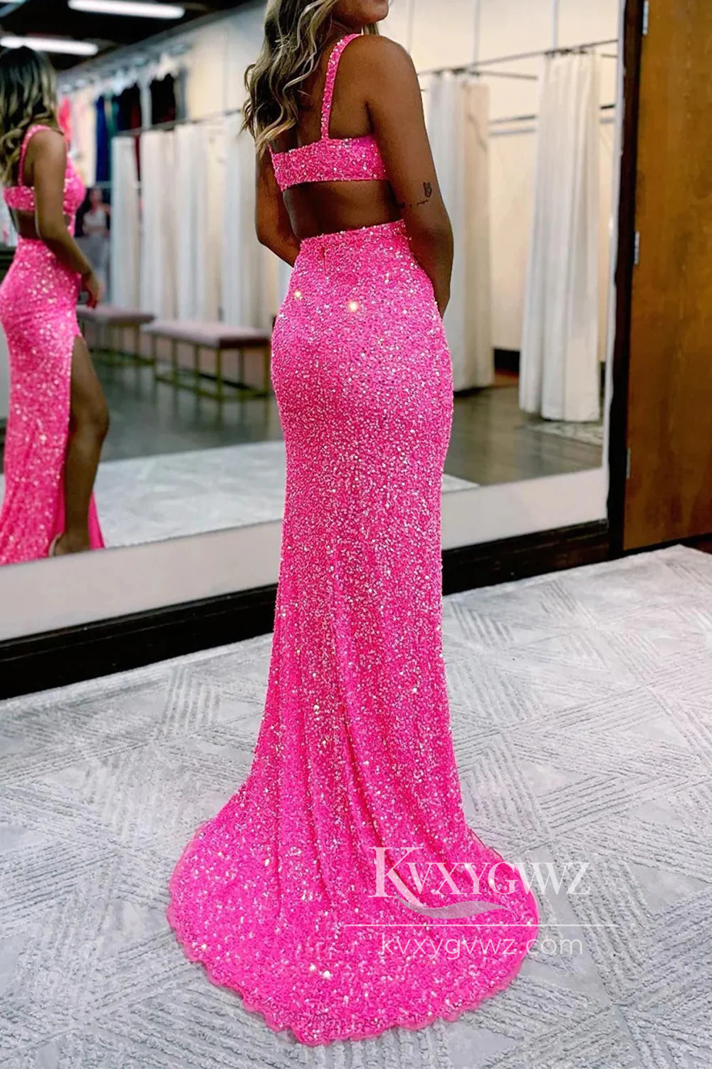 Hot Pink Sequins Evening Gown Hollow-Out Mermaid Prom Dress With Slit LF816