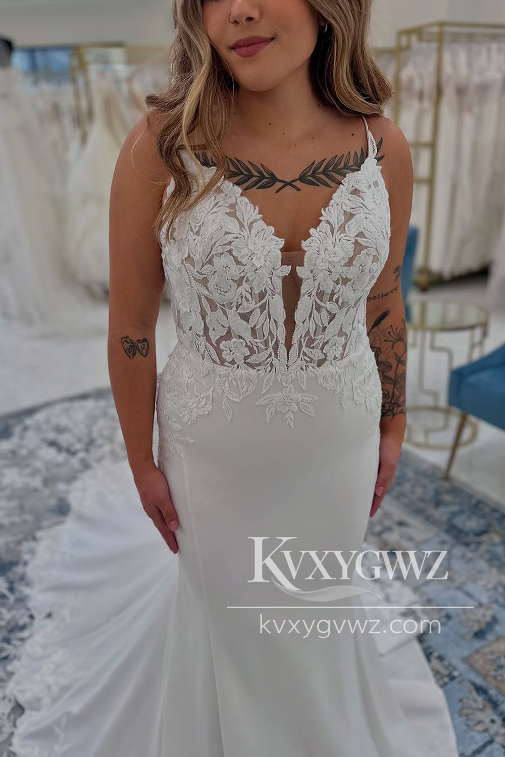 Mermaid V Neck White Satin Lace Wedding Dresses Gown with Train HS816