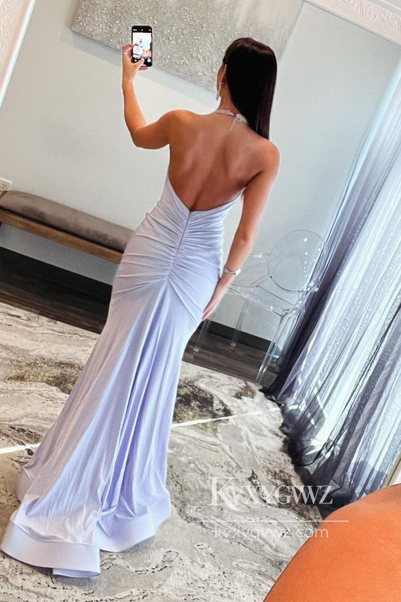 Light Lilac Halter Evening Gown Satin Mermaid Long Prom Dress with Beading LF817
