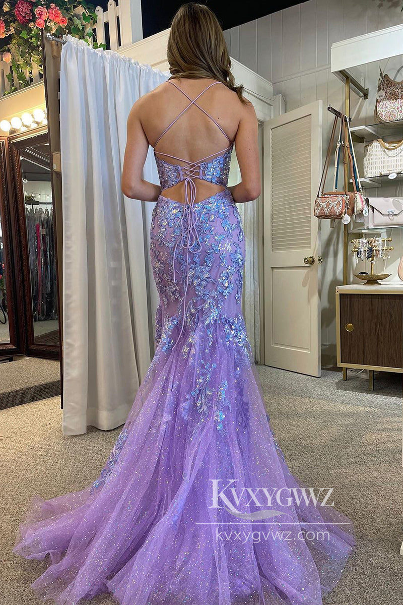 Lilac Scoop Neck Sequin Evening Gown Lace Mermaid Long Prom Dress With Slit LF818