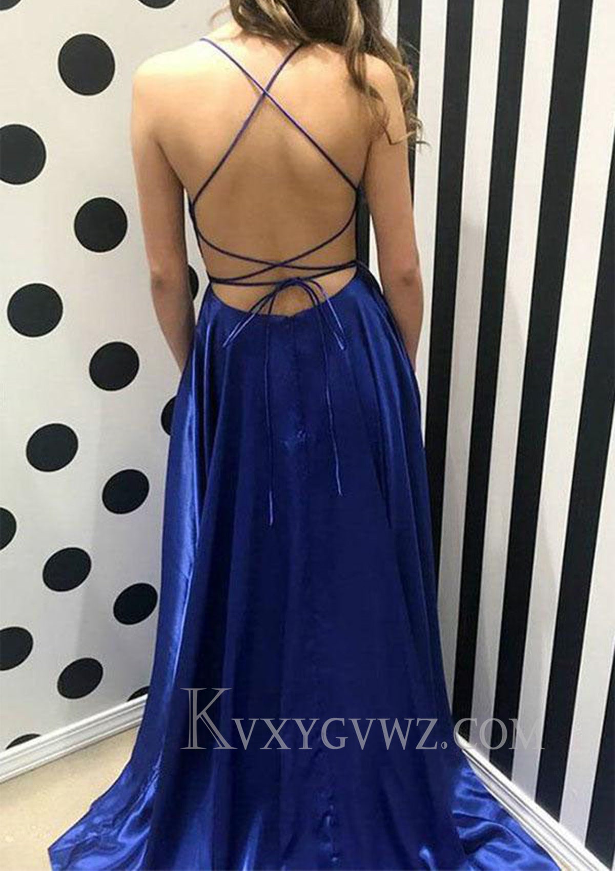 A-line Bateau Spaghetti Straps Sweep Train Charmeuse Prom Dress With Split LF082