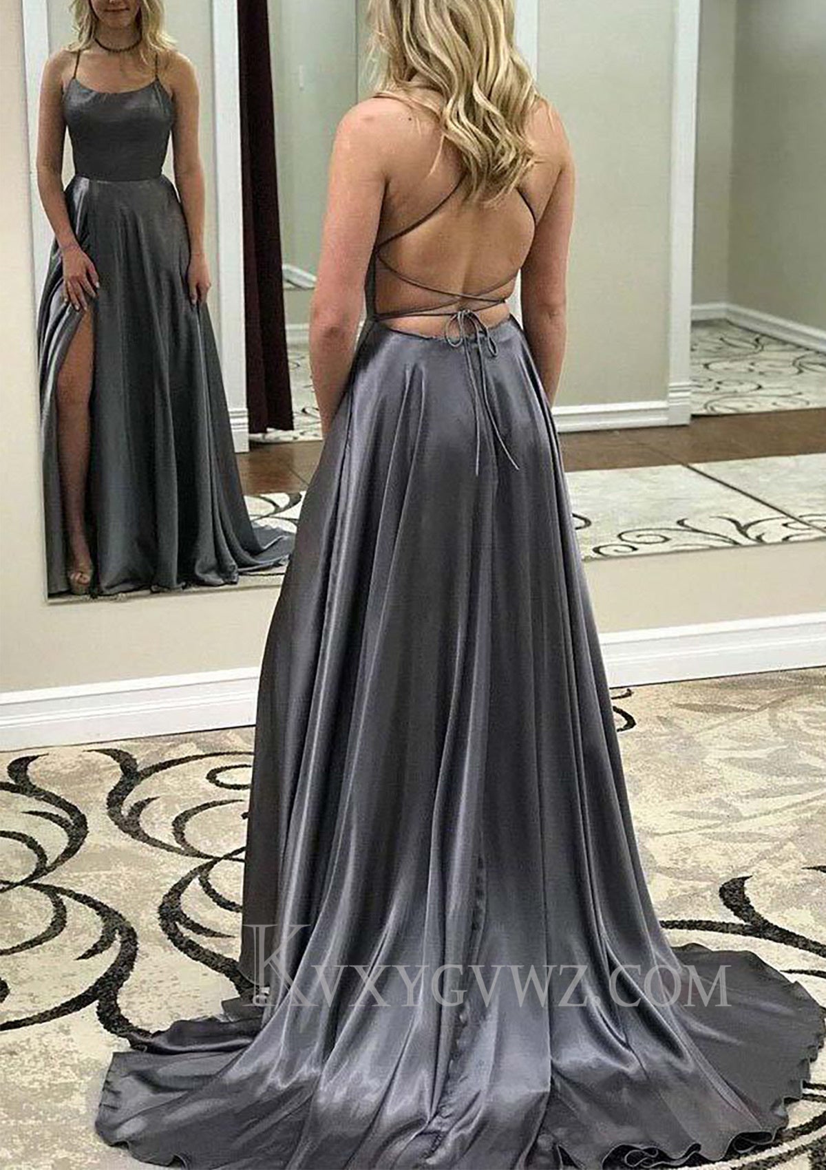 A-line Bateau Spaghetti Straps Sweep Train Charmeuse Prom Dress With Split LF082