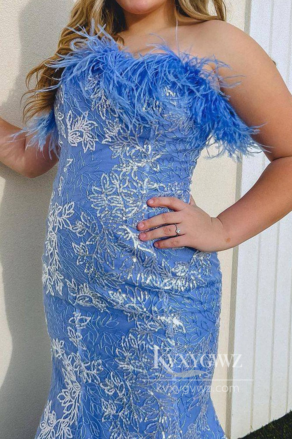 Mermaid Strapless Evening Gown Blue Long Prom Dress Gown with Feather LF822