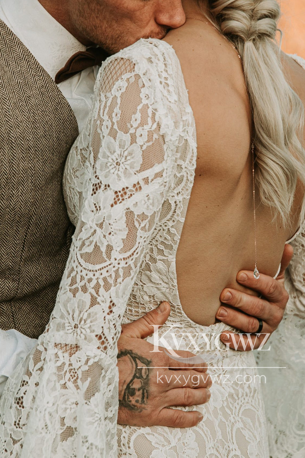 Boho Mermaid V Neck Lace Wedding Dresses Gown with Appliques HS823