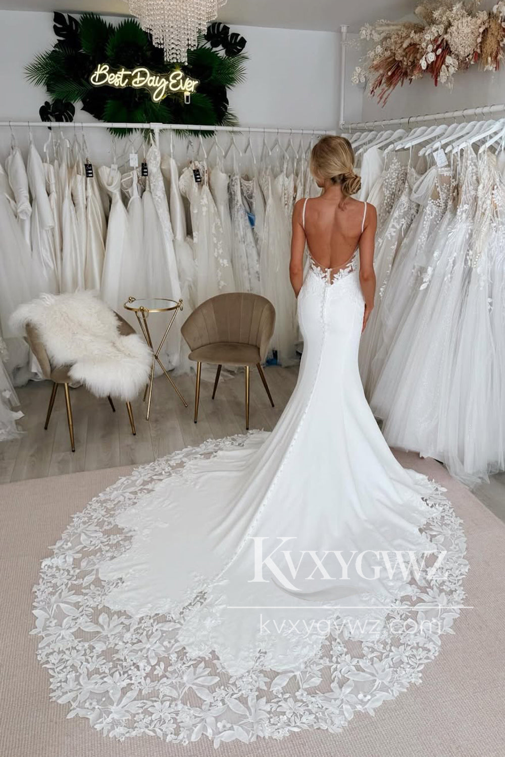Bohemian Mermaid V Neck Satin Long Wedding Dresses Gown with Appliques HS826
