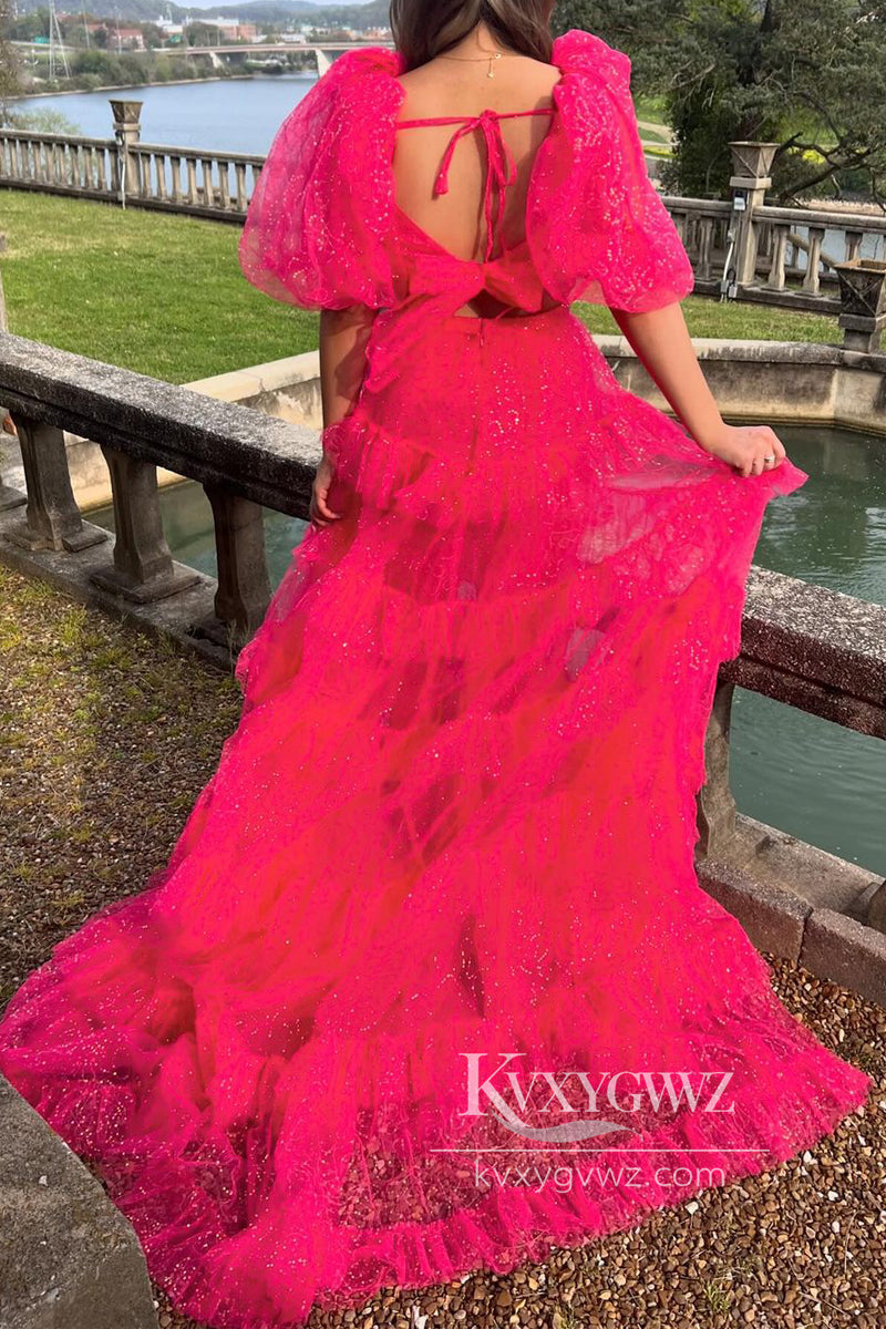 Fuchsia Two Piece Sweetheart t Evening Gown Conspicuous Tulle Long Prom Dress with Slit LF827