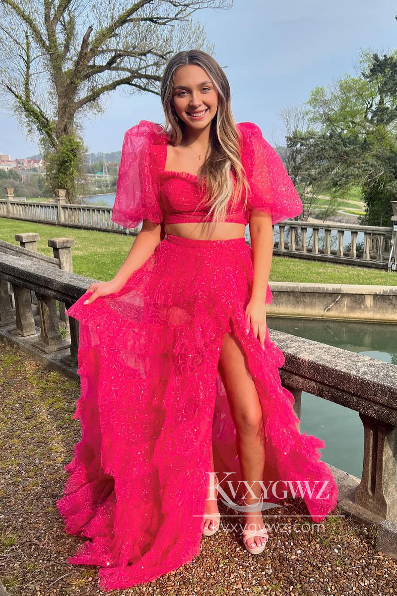 Fuchsia Two Piece Sweetheart t Evening Gown Conspicuous Tulle Long Prom Dress with Slit LF827