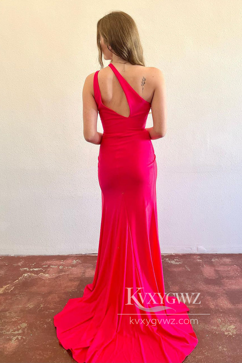 Fuchsia One Shoulder Satin Evening Gown Long Prom Dress with Slit LF828