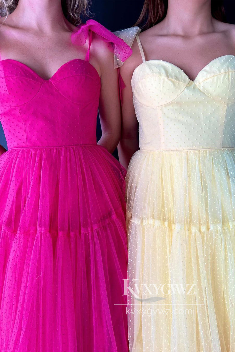 Fuchsia Sweetheart Tie Straps Evening Gown Tulle A-Line Long Prom Dress LF829