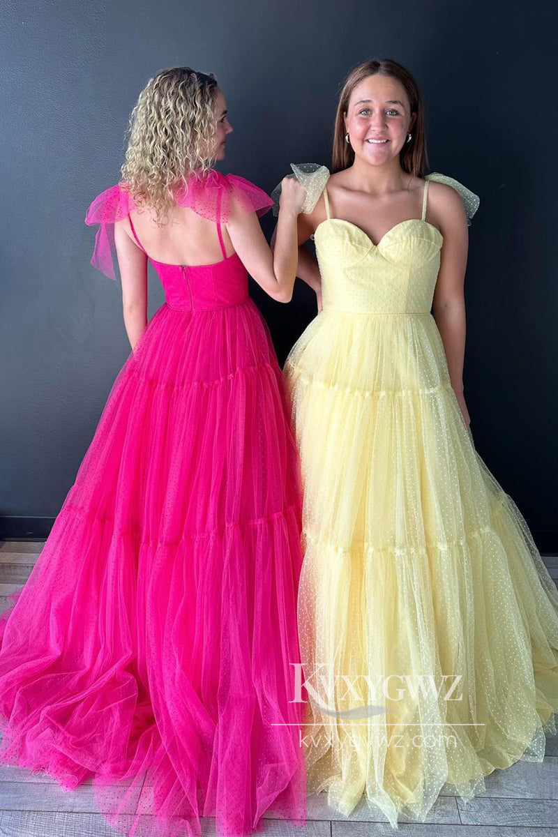 Fuchsia Sweetheart Tie Straps Evening Gown Tulle A-Line Long Prom Dress LF829