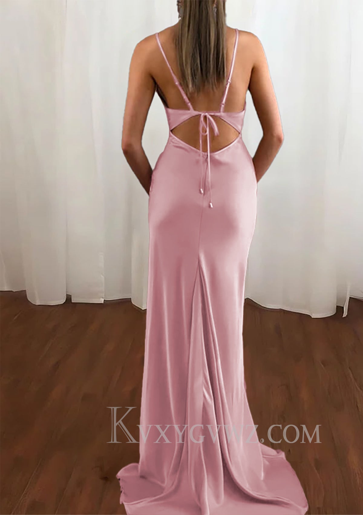 Sheath/Column Cowl Neck Spaghetti Straps Sweep Train Satin Prom Dress LF083