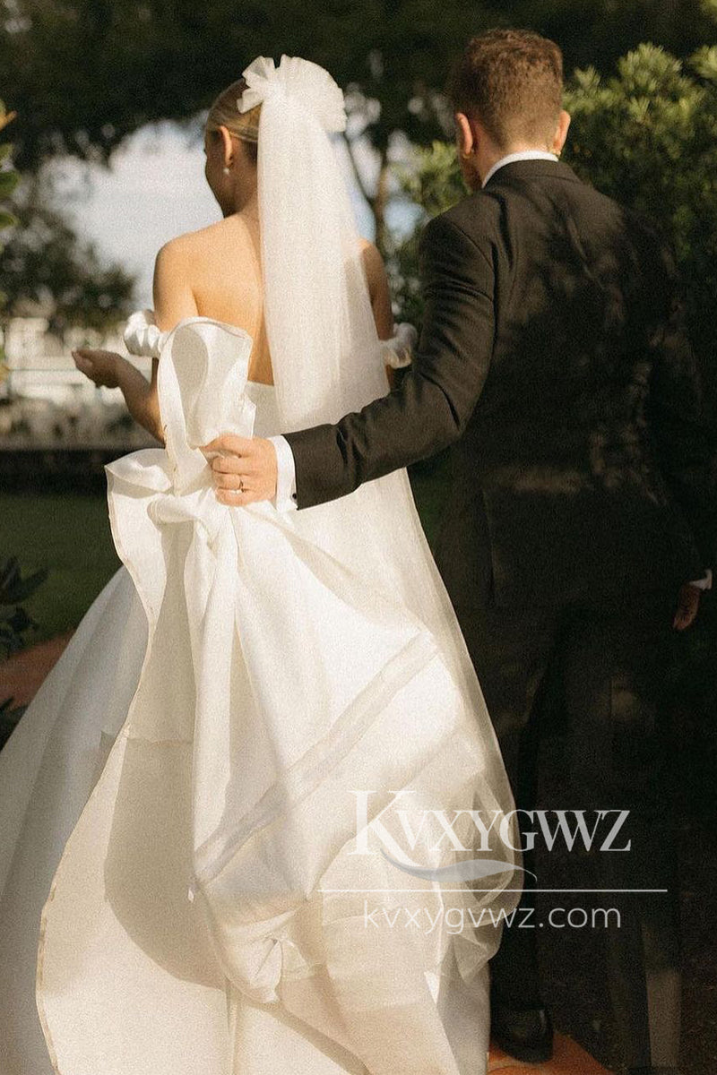 A-Line Satin Off the Shoulder Wedding Dresses Gown with Pockets HS832