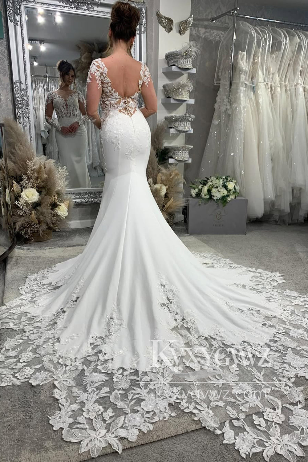 Dazzling Mermaid V Neck Elastic Satin Wedding Dresses Gown with Appliques HS834