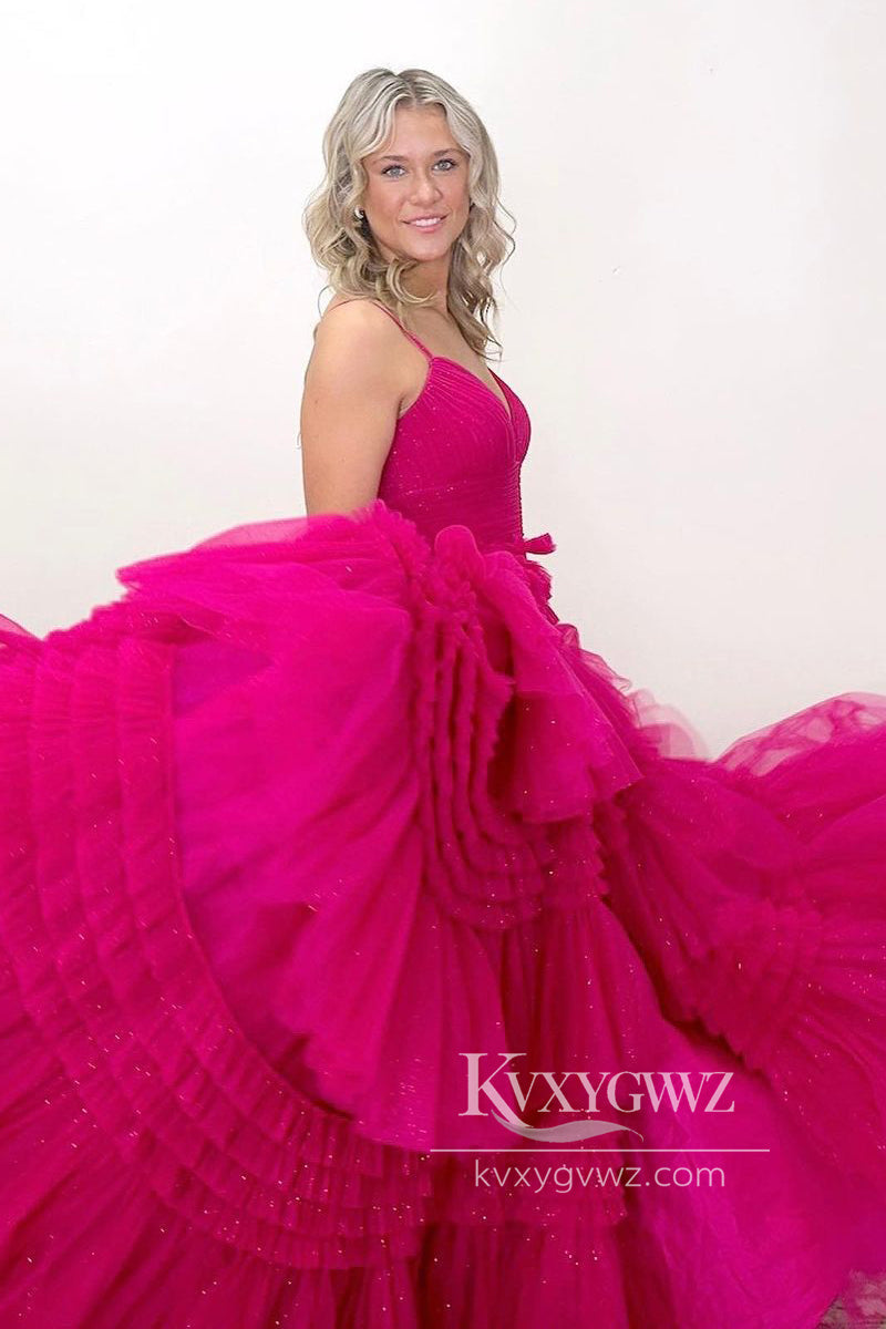 Fuchsia V Neck Evening Gown Ruffles Tiered Tulle Long Prom Dress with Slit LF834