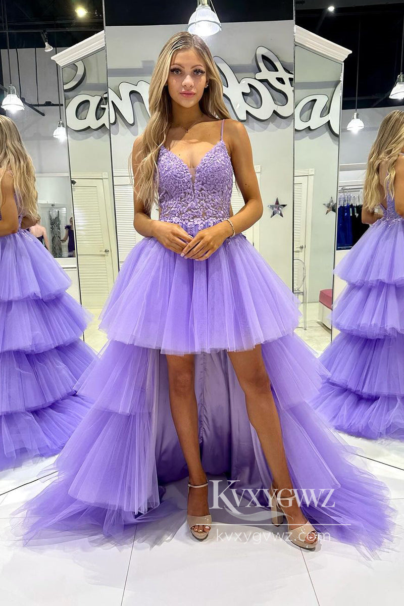 Lilac Tulle V Neck Evening Gown High Low Prom Dress with Appliques LF835