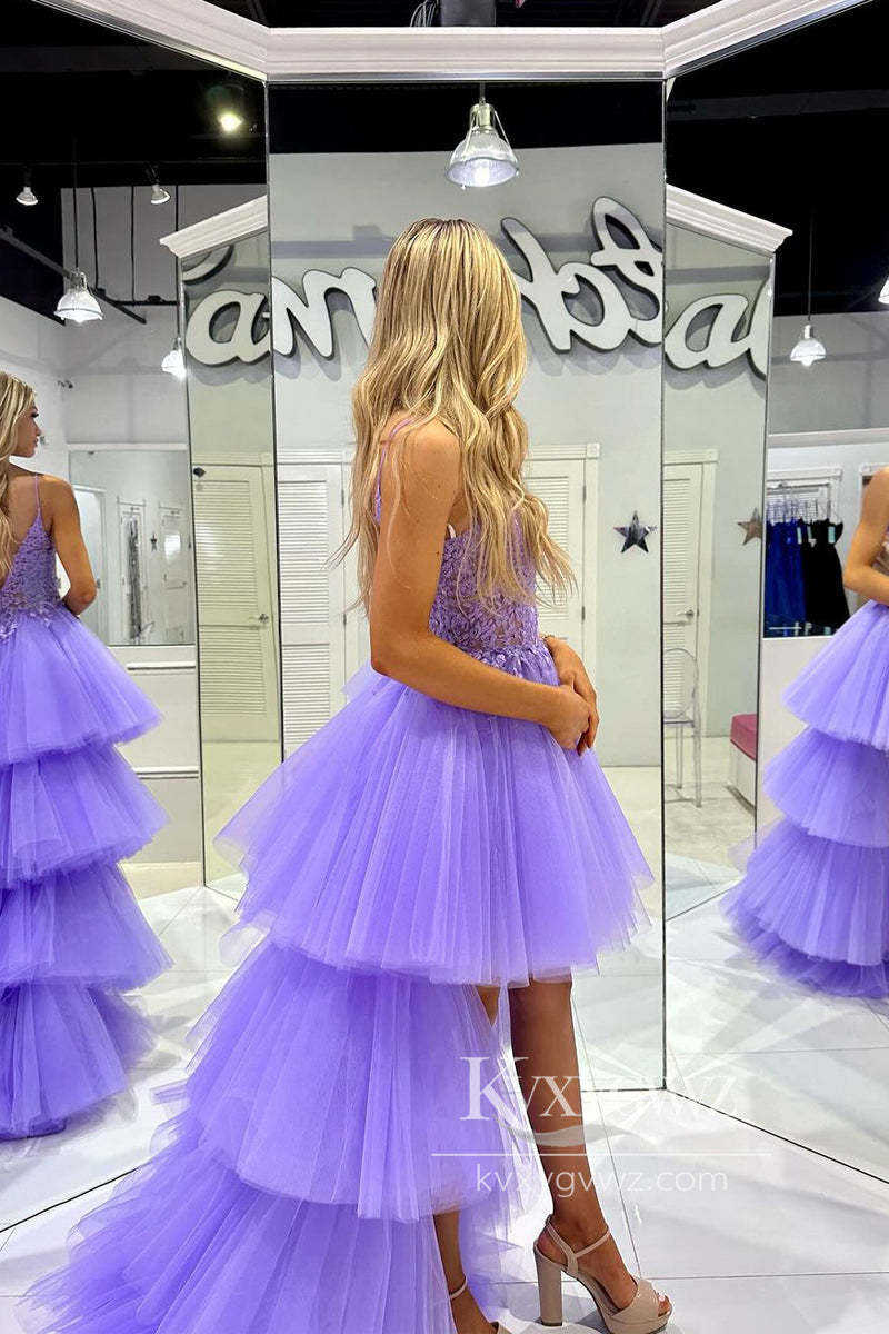 Lilac Tulle V Neck Evening Gown High Low Prom Dress with Appliques LF835