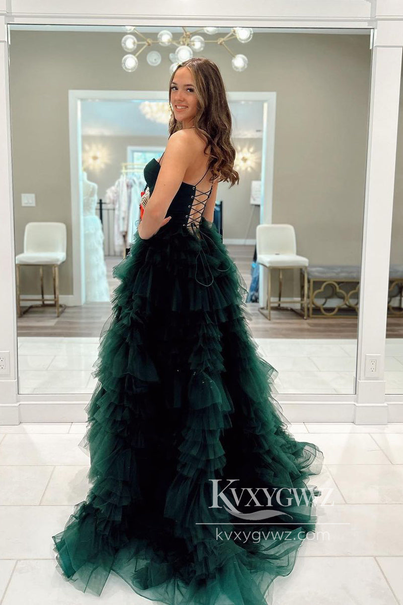 Spaghetti Strap Dark Green Sweetheart Evening Gown Ruffles Tiered Tulle Long Prom Dress with Slit LF836