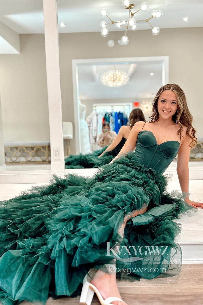 Spaghetti Strap Dark Green Sweetheart Evening Gown Ruffles Tiered Tulle Long Prom Dress with Slit LF836