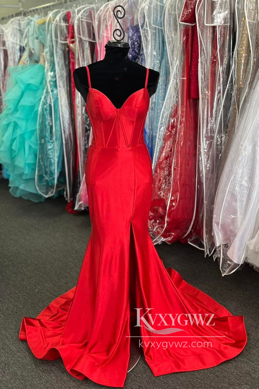 Hot Pink Corset Lace-Up Evening Gown Mermaid Long Formal Prom Dress with Slit LF837