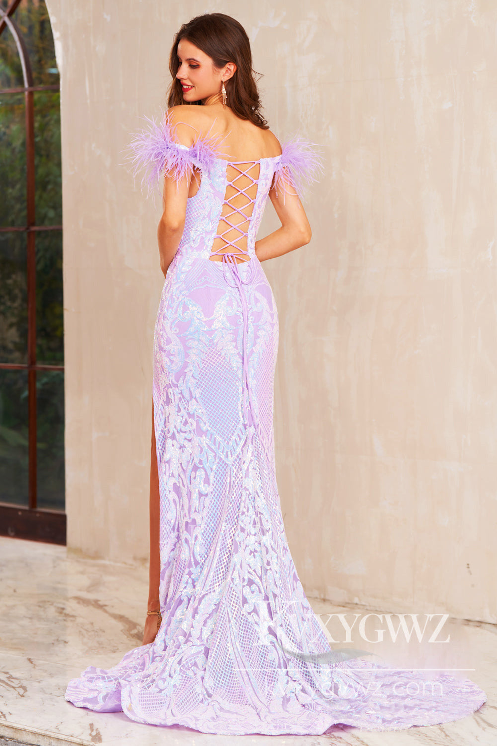 Mermaid Off the Shoulder Evening Gown Lavender Sequins Lace Long Prom Dress LF838