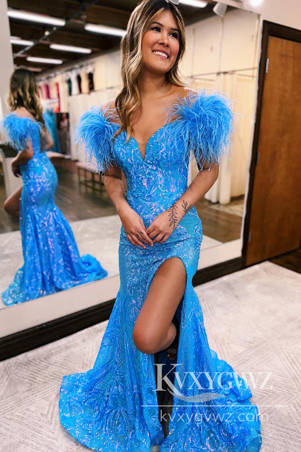 Mermaid Off the Shoulder Evening Gown Lavender Sequins Lace Long Prom Dress LF838