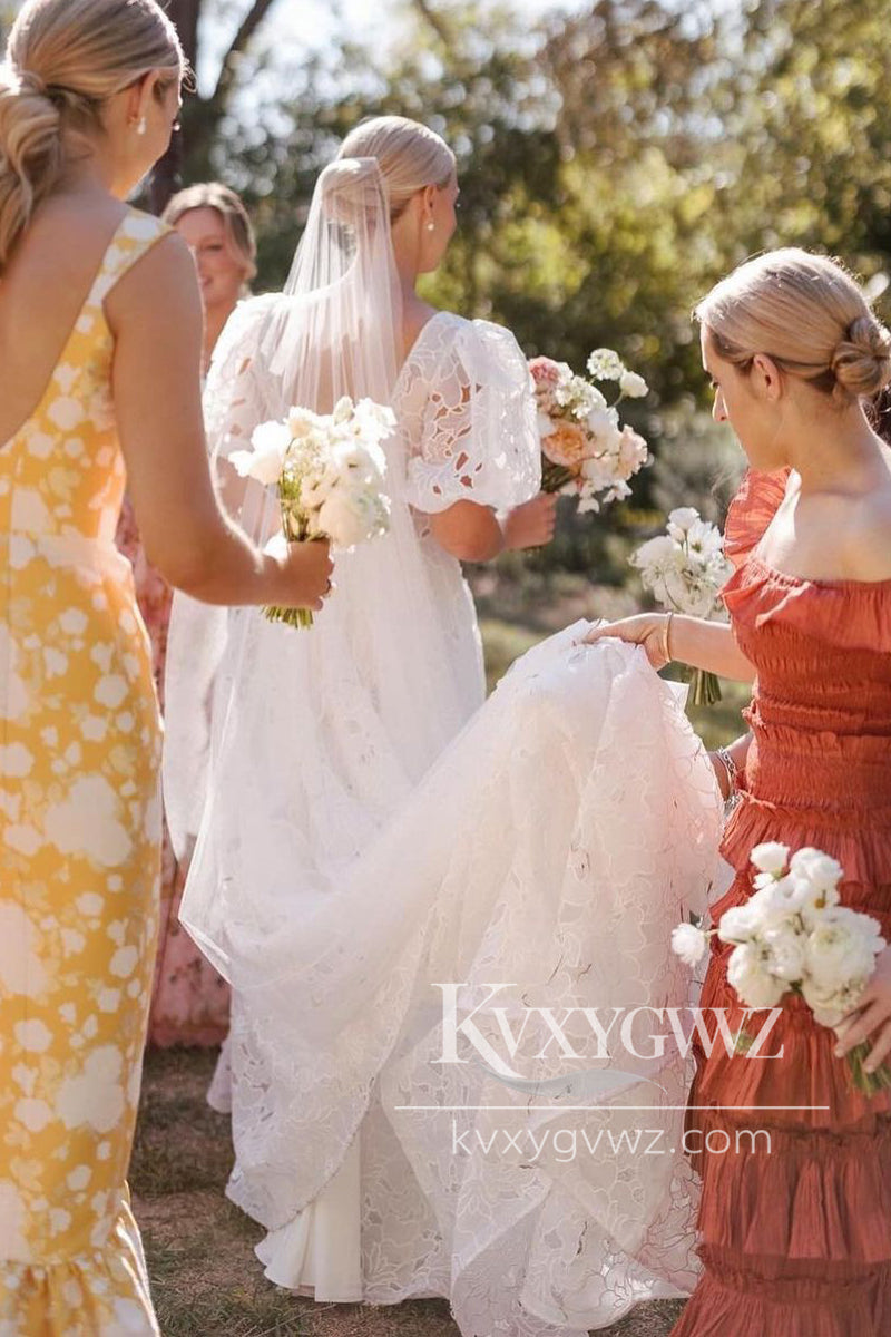 A-Line Square Neck Vintage Lace Wedding Dresses Gown HS839