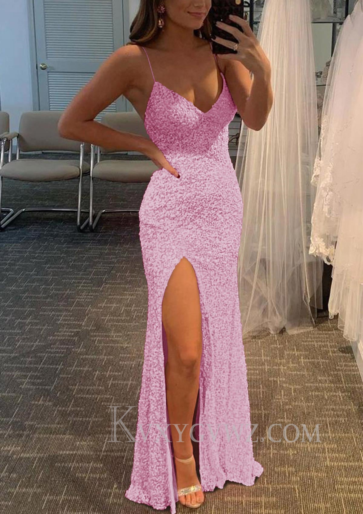 Sheath/Column V Neck Spaghetti Straps Long/Floor-Length Velvet Sequins Prom Dress With Split LF084