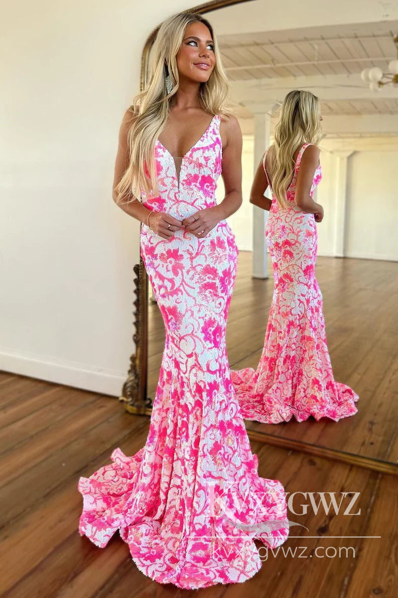 Stunning Mermaid V Neck Evening Gown Sequins Lace Long Prom Dress LF840