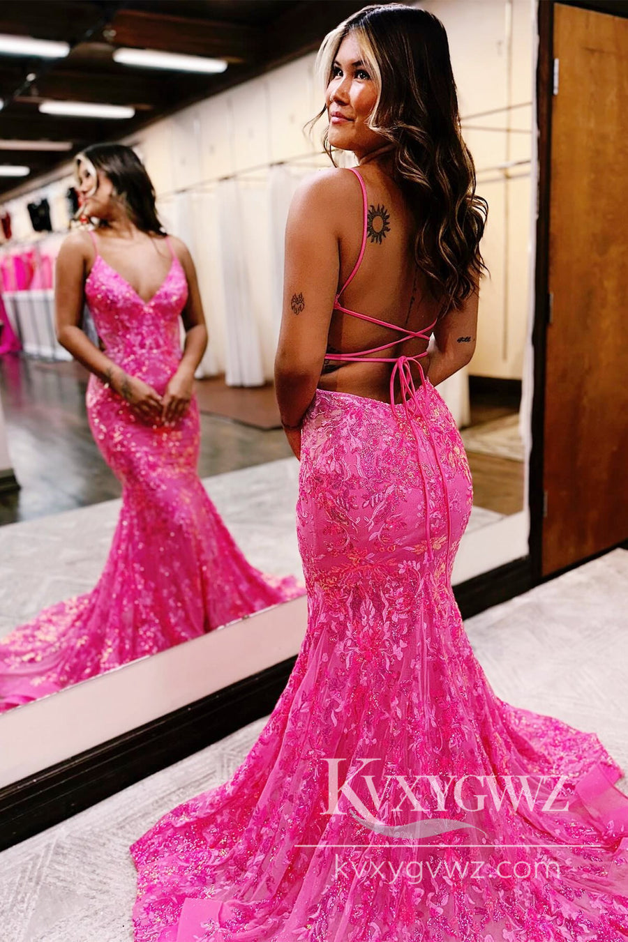 Spaghetti Strap Mermaid Hot Pink Evening Gown Sequin Lace V-Neck Long Prom Dress LF841