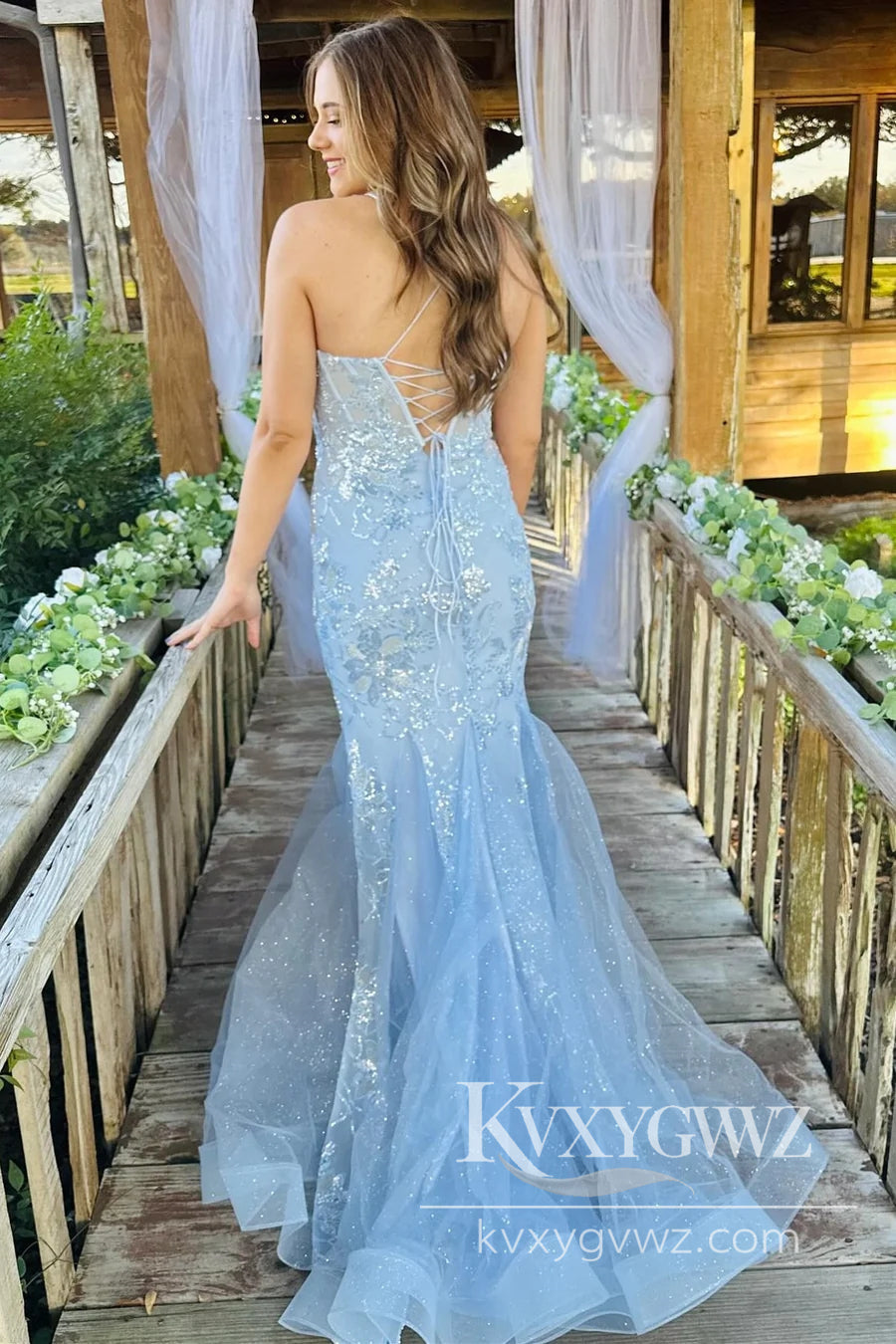 Light Blue Scoop Neck Sequin Evening Gown Lace Trumpet Long Prom Dress LF847