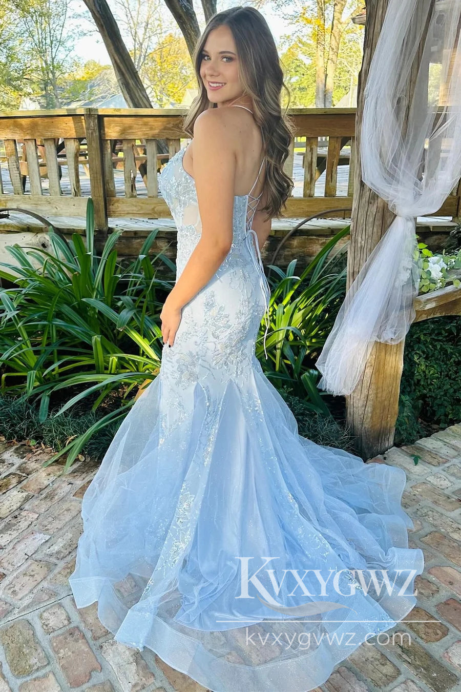 Light Blue Scoop Neck Sequin Evening Gown Lace Trumpet Long Prom Dress LF847