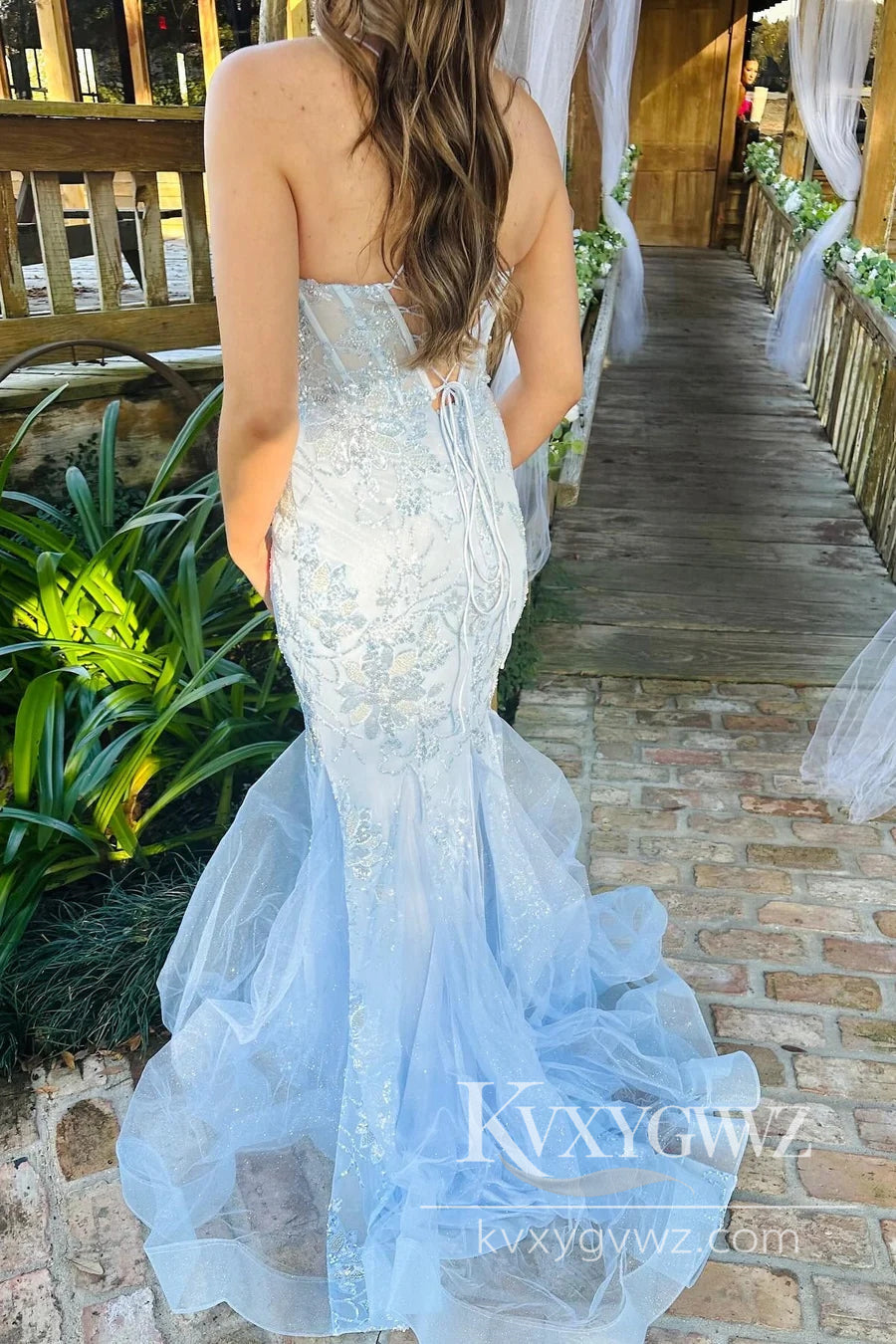 Light Blue Scoop Neck Sequin Evening Gown Lace Trumpet Long Prom Dress LF847