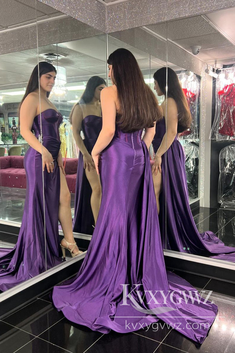 Grape Strapless Satin Evening Gown Mermaid Long Prom Dress with Slit LF848