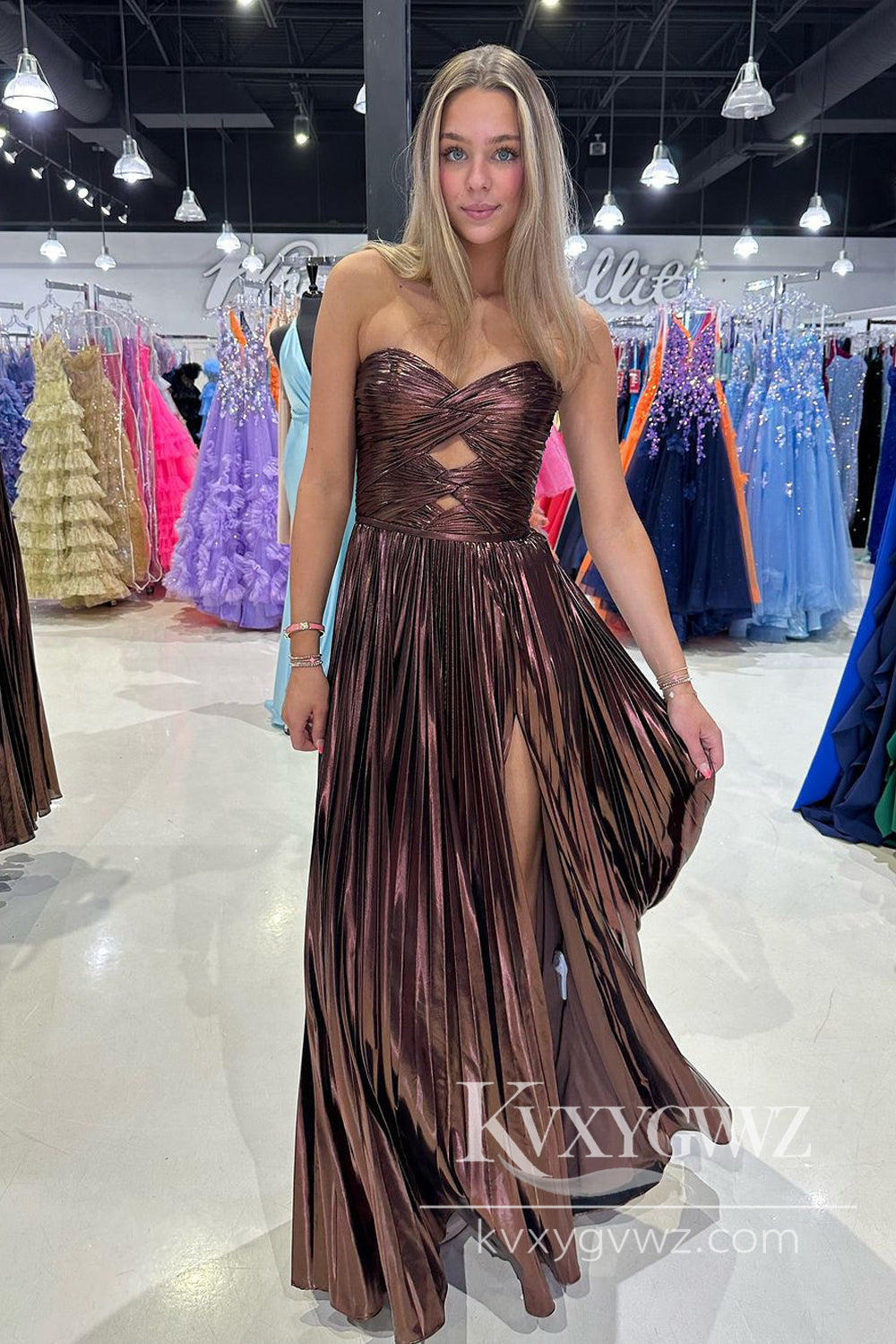 Fashion A Line Sweetheart Evening Gown Satin Long Prom Dress with Slit LF849