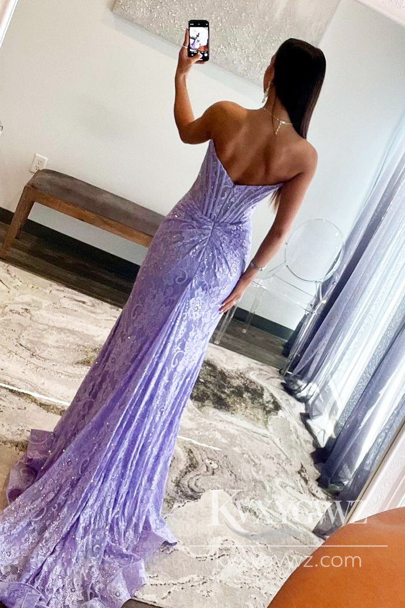 Lavender Lace Strapless Evening Gown Mermaid Long Prom Dress with Slit LF851