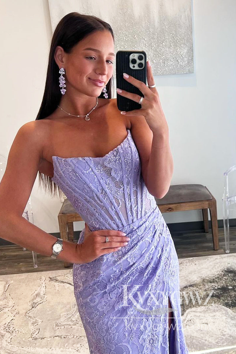 Lavender Lace Strapless Evening Gown Mermaid Long Prom Dress with Slit LF851