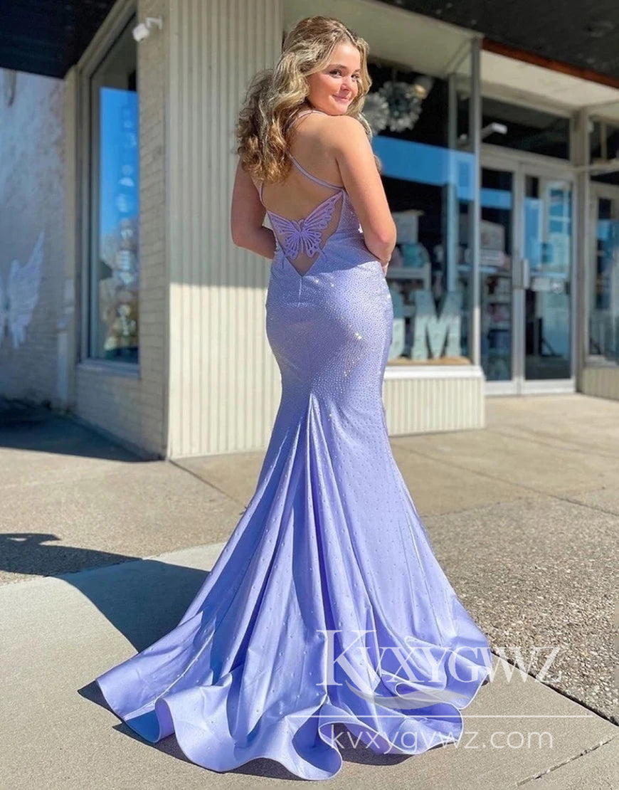 Lavender Deep V-neck Evening Gown Spaghetti Straps Long Prom Dress With Butterfly Back LF853