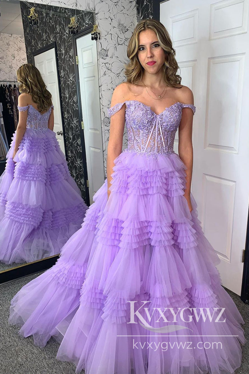 Lilac Off the Shoulder Evening Gown Tiered Tulle Long Prom Dress with Appliques LF854