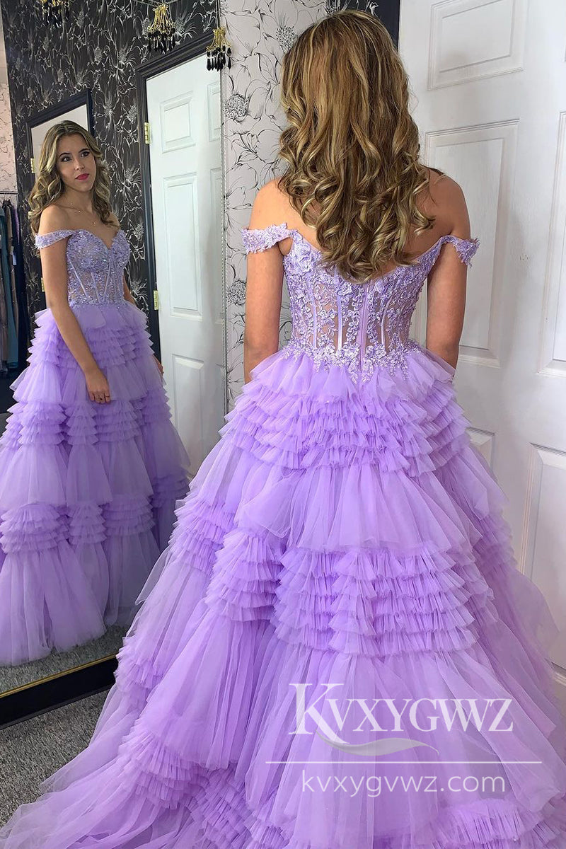 Lilac Off the Shoulder Evening Gown Tiered Tulle Long Prom Dress with Appliques LF854