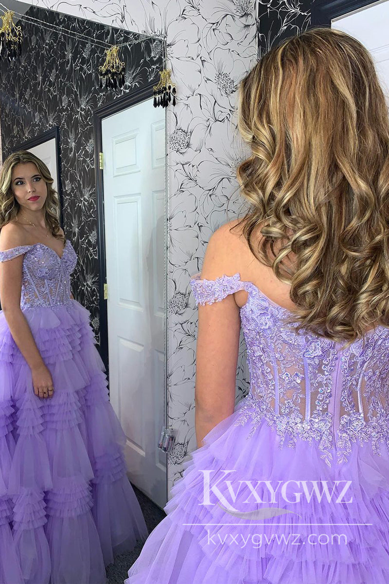Lilac Off the Shoulder Evening Gown Tiered Tulle Long Prom Dress with Appliques LF854