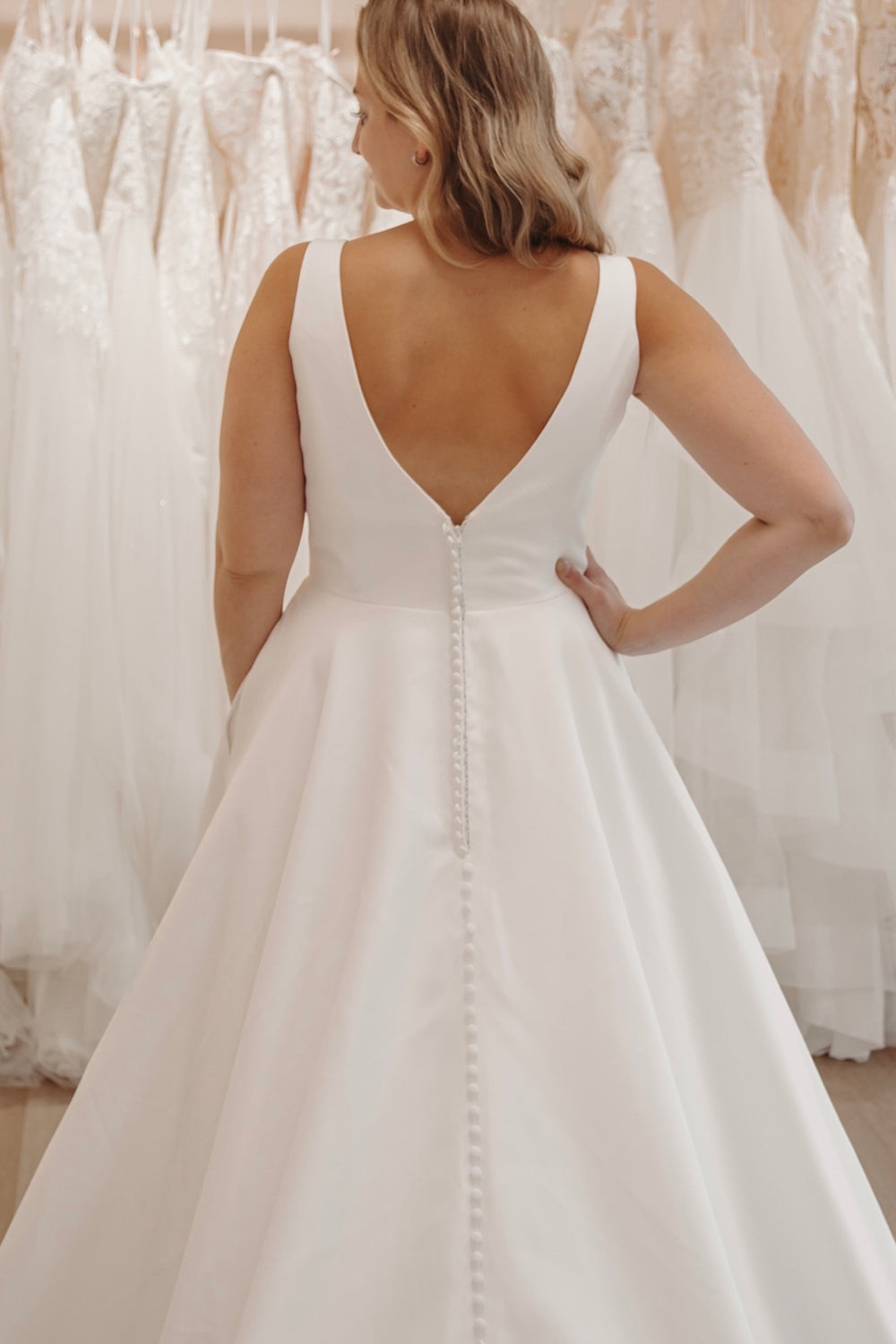 Cute A Line V Neck Satin Long Wedding Dresses Gown with Botton HS881
