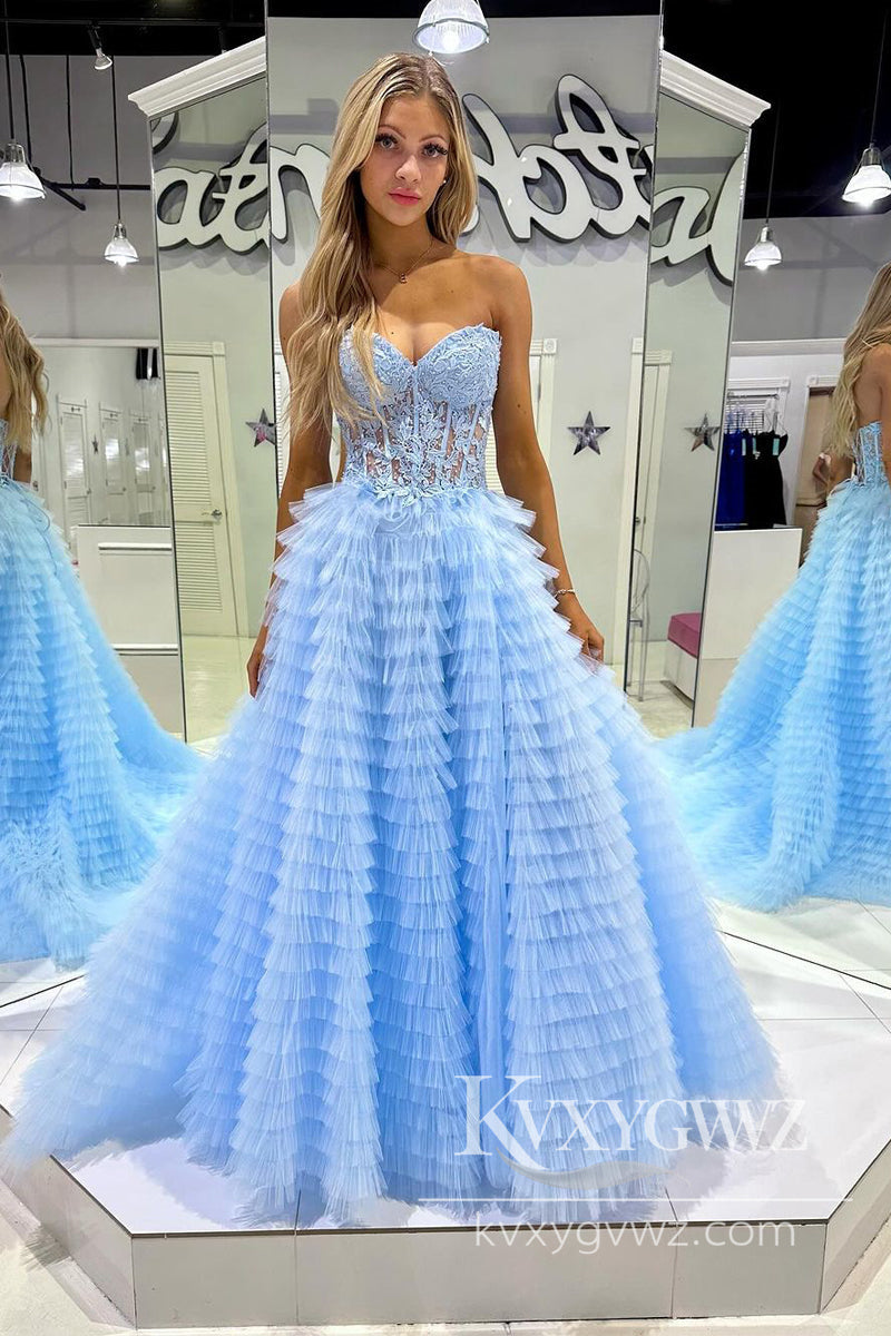 Light Blue Strapless Ruffle Tiered Evening Gown Tulle Long Prom Dress with Appliques LF855